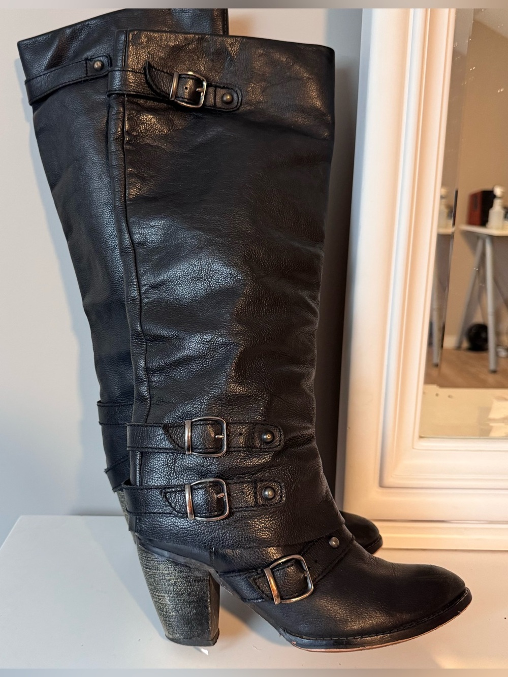 Black Leather Buckle Knee-High Boots